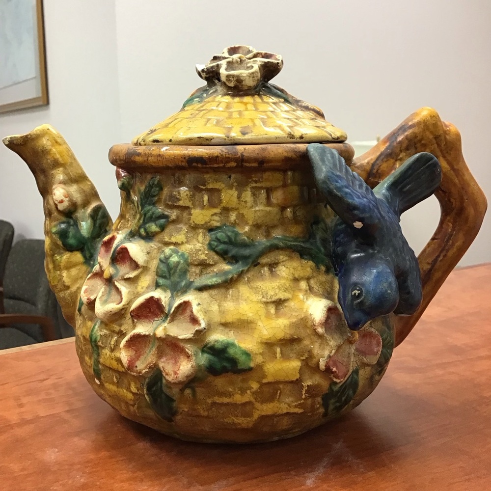 Majolica Style Elaborate Handmade Stoneware Vintage Bird Floral Teapot